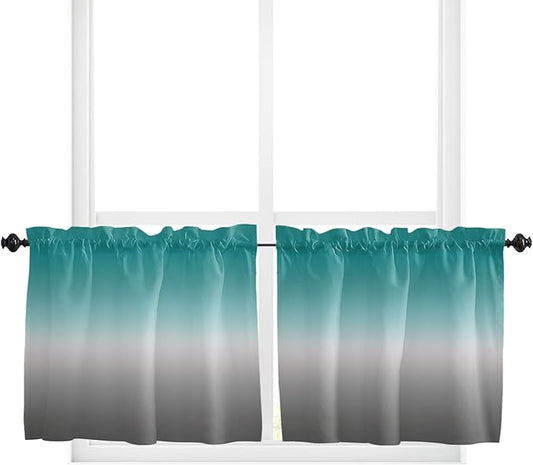 36 Inch Long Tier Curtains for Kitchen, Cyan Turquoise Gray Gradient Bathroom Window Curtains Rod Pocket Short Curtains Window Treatment Tiers for Living Room Farmhouse 2 Panels