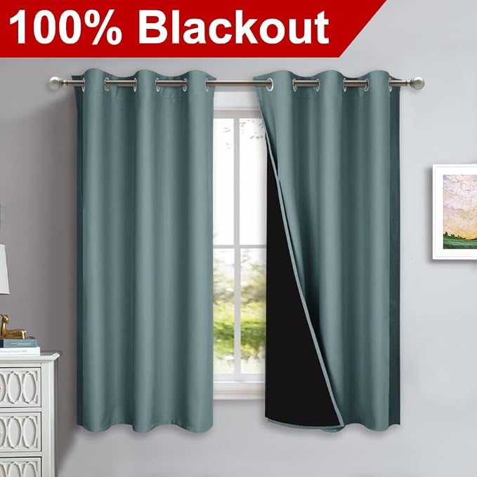 NICETOWN Greyish Blue 100% Blackout Lined Curtains, 2 Thick Layers Completely Blackout Window Treatment Panels Thermal Insulated Drapes for Kitchen (1 Pair, 42" Width x 63" Length Each Panel)
