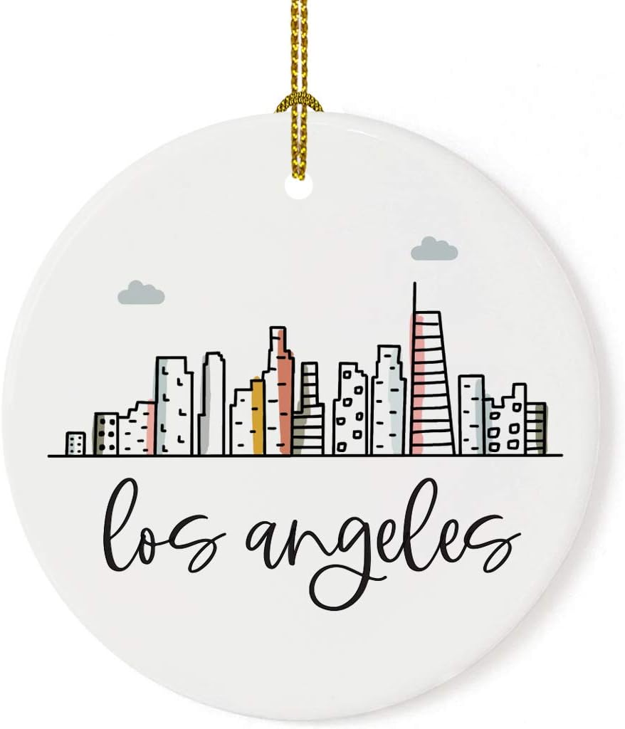 Andaz Press Round Ceramic Porcelain Christmas Tree Ornament Keepsake Gift, Los Angeles, Colorful City Skyline Graphic, 1-Pack, Birthday Ideas Family Coworker Him Her, Includes Gift Box