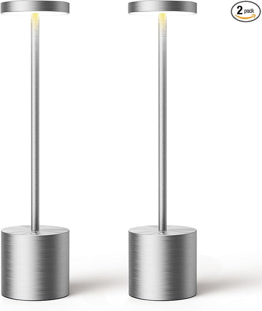 SAKRINGT Cordless Table Lamps Rechargeable,6000mAh Portable Battery Operated LED Table Light for Restaurant Outdoor 2 Pack Silver