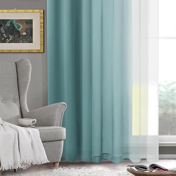 DWCN Faux Linen Ombre Sheer Curtains - 96 inches Long Gradient Semi Voile Curtains for Bedroom and Living Room and Hotel, Set of 2 Grommet Top Window Curtain Panels, 52 x 96 Inches Long, Peacock Blue