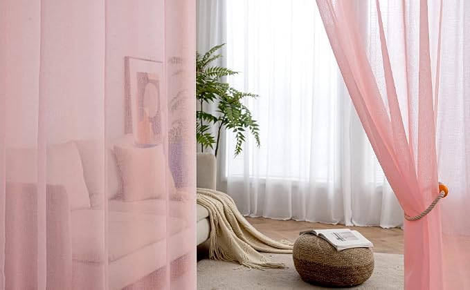 MIULEE 2 Panels Pink Semi Sheer Window Curtains Spring Elegant Grommet Top Window Voile Drapes/Treatment Linen Textured Panels for Bedroom Living Room (54X63 Inches)