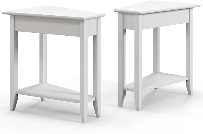 Giantex White Wedge End Table Set of 2, Triangle Side Table with Storage Shelf and Solid Wood Legs, Recliner Table, 24.5" Tall Nightstand, Modern Narrow Accent Table for Small Space Living Room