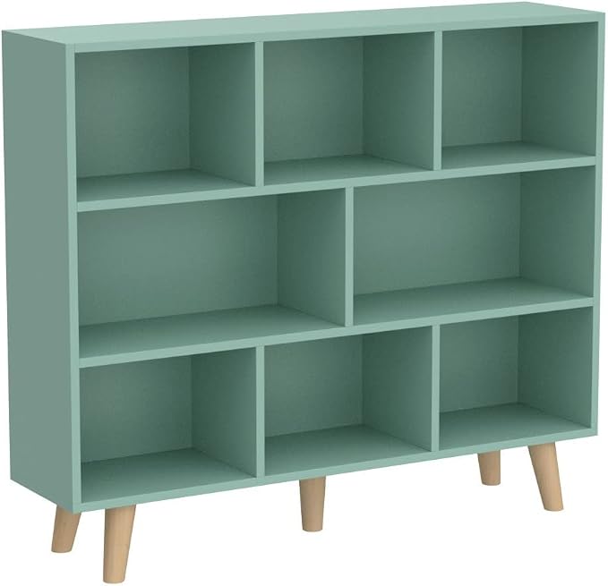 IOTXY Wooden Open Shelf Bookcase - 3-Tier Floor Standing Display Cabinet Rack with Legs, 8 Cubes Bookshelf, Tiffany-Green