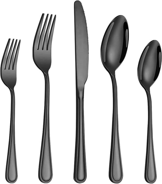 20 Pcs Black Silverware Set for 4 with Simple Striped Handle Design, Food Grade Stainless Steel Flatware Set, Eating Utensils Sets Include Fork/Knife/Spoon, Cutlery Set, Dishwasher Safe