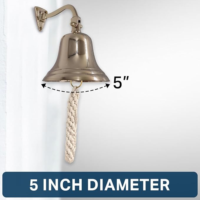5" Solid Brass Bell Quality Marine Wall Mounted Ship Hanging Bell Perfect for Dinner, Indoor, Outdoor, School, Bar, Reception, Last Order & Church by The Metal Magician