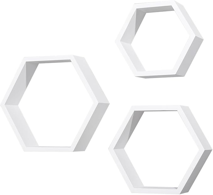 ZGZD Set of 3 White Wooden Hexagon Wall Shelves - Modern Decorative Storage for Home, Kitchen, Office – Stylish Floating Shelves for Small Plants, Books, and Decor