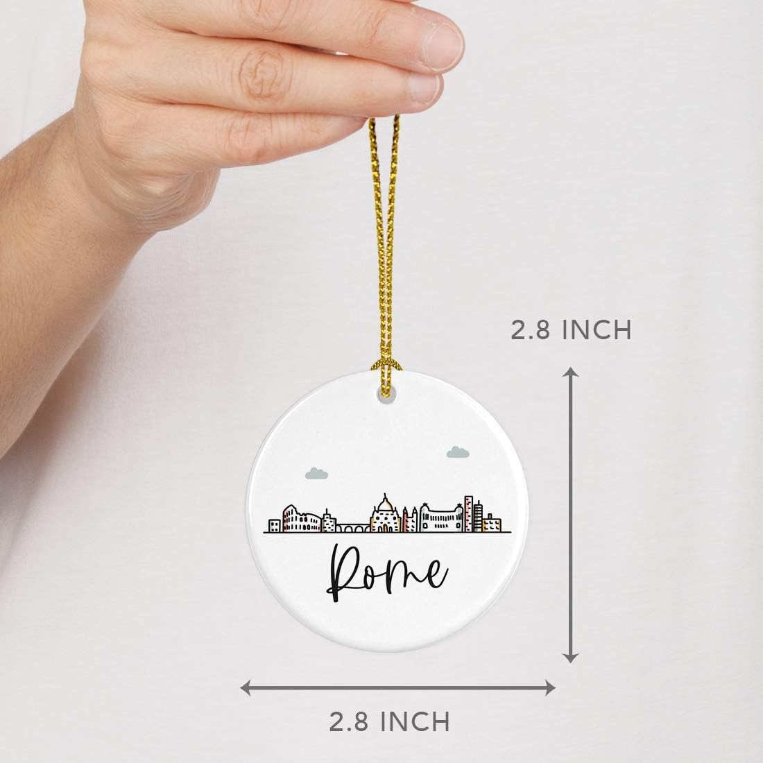 Andaz Press Round Ceramic Porcelain Christmas Tree Ornament Keepsake Gift, Rome, Colorful International City Skyline Graphic, 1-Pack, Birthday Ideas Family Coworker Him Her, Gift Box