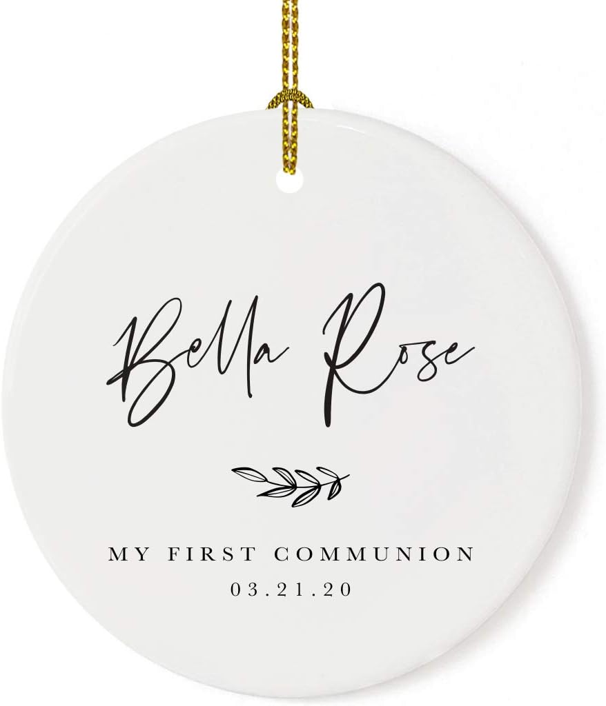 Andaz Press Personalized Round Ceramic Porcelain Christmas Tree Ornament Engagement Collectible Gift for Baby, Ava Marie Carter My First Communion 03.21.20, Antique Handdrawn, 1-Pack