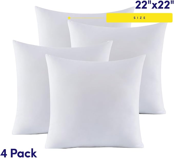 22X22 Pillow Inserts - Throw Pillow Set - Cushion Inserts for Decorative Throw Pillows Covers - Soft & Supportive Pillows for Couch, Sofa, Bed, or Chair, 4 Pack - 22" x 22"