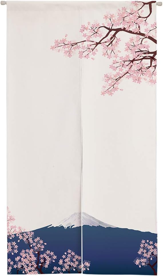 Ofat Home Mount Fuji & Cherry Blossom Noren, 33.5" x 59" | Japanese-style sakura and Mount Fuji doorway curtain, lightweight fabric for hallway, apartment or bedroom decor