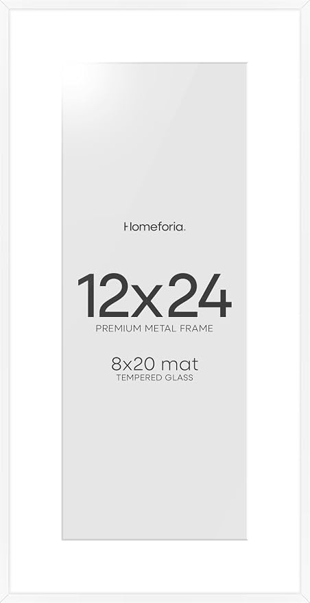 Homeforia 12x24 Picture Frame White, High End Metal 12x24 Poster Frames with Mat 8x20 inch Photo, 12 x 24 White Frames Matted to 8 by 20 Print, 24x12 Panoramic Frames, Tempered Glass, Wall Kit, Set of 2