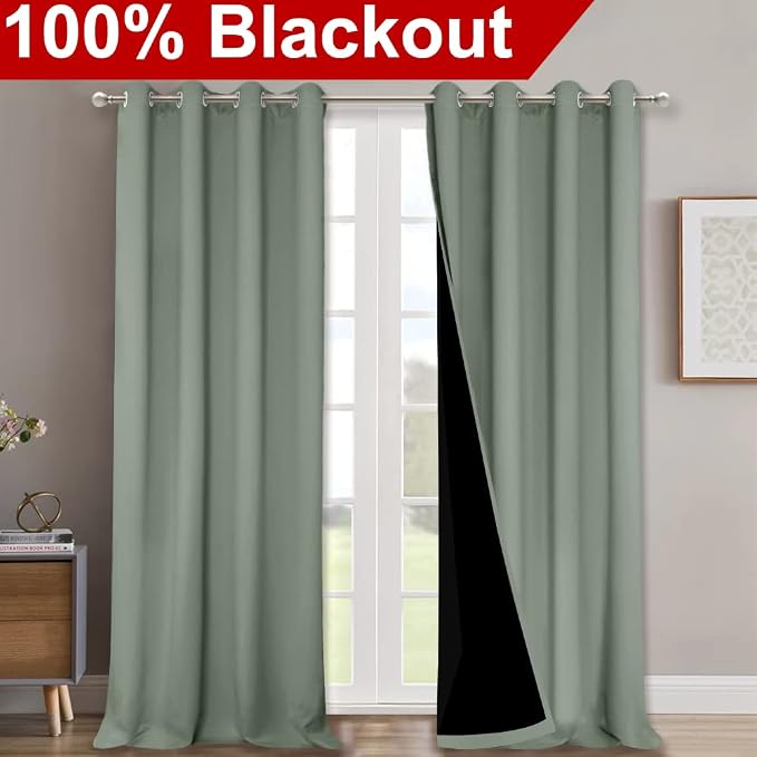 NICETOWN Greyish Green 100% Blackout Windows Curtains, Super Heavy-Duty Black Lined Total Darkness Drapes for Bedroom, Privacy Assured Window Treatment for Patio (2 PCs, 52 inches W x 108 inches L)
