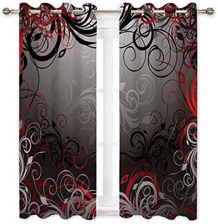 Misscc Decorative Blackout Curtains,Black, Red and Gray Floral Background with Pattern,Living Room Bedroom Kitchen Cafe Curtains, Window Treatments Drapes 2 Panel Set