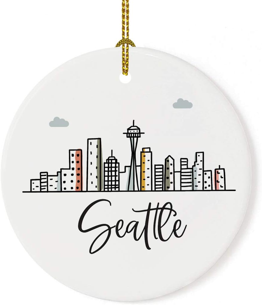 Andaz Press Round Ceramic Porcelain Christmas Tree Ornament Keepsake, Seattle Colorful City Skyline, 1-Pack, Birthday Ideas for Family Coworker, Gift Box Included
