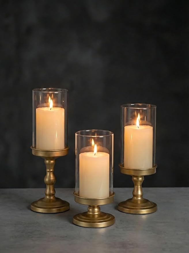 NUPTIO Hurricane Glass Candle Holders: Gold Pillar Candle Stand with Open Ended Chimney - Set of 3 Metal Candleholder for Fireplace Dining Table Centerpiece