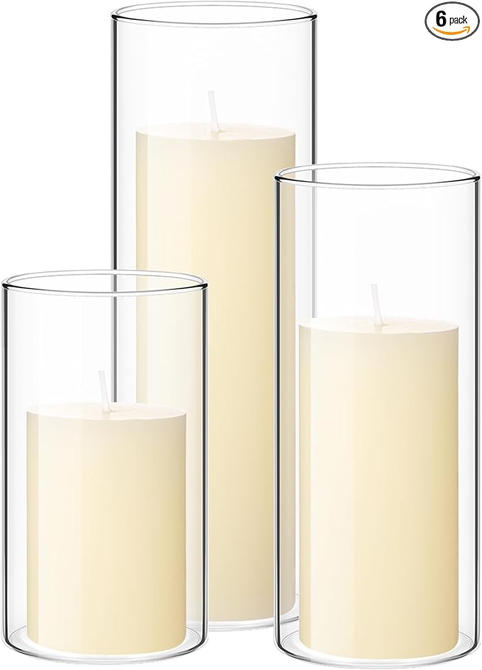 Shihanee Set of 3 Pillar Candles and 3 Glass Cylinder Candle Vases Holders Clear Pillar Jars for Wedding Centerpieces(2.6'' X 4.7'', 5.9'', 7.9'',Ivory White)