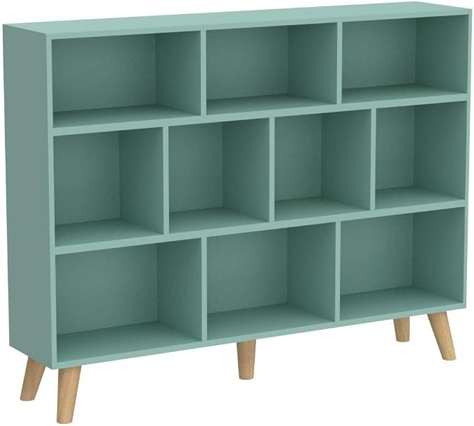IOTXY Wooden Open Shelf Bookcase - 3-Tier Bookshelf with Leg, Tiffany-Green | Nordic Minimalist Style, MDF Material, Raised Solid Wood Legs, 10 Storage Cubes Display, Floor-Standing Cabinet Organizer