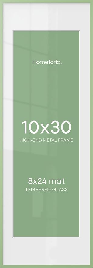 Homeforia 10x30 Sage Green Picture Frame, High End Metal 10by30 Poster Frames with Mat 8x24 Photo, 10 x 30 Green Frame Matted to 8 x 24 Print, 30x10 Panoramic Frame, Tempered Glass, Wall Kit, Set of 1