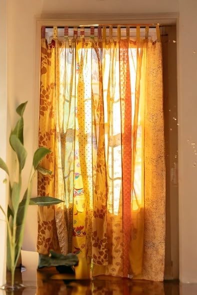 Assorted Hippie Colorful Curtains Light-Filtering – Boho Curtains, Bed Canopy Panel, Tapestry or Window Treatment Patchwork Yellow Color (84 X 43 Inches)