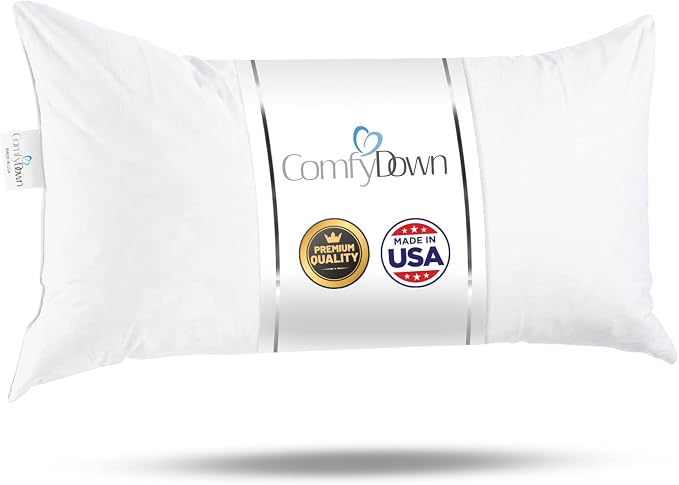 ComfyDown 12x20 Throw Pillow Insert, Down & Feather Fill, 100% Cotton Cover, Made in USA – Premium Soft Lumbar Decorative Pillow Form Sham Stuffer for Bed, Sofa & Couch