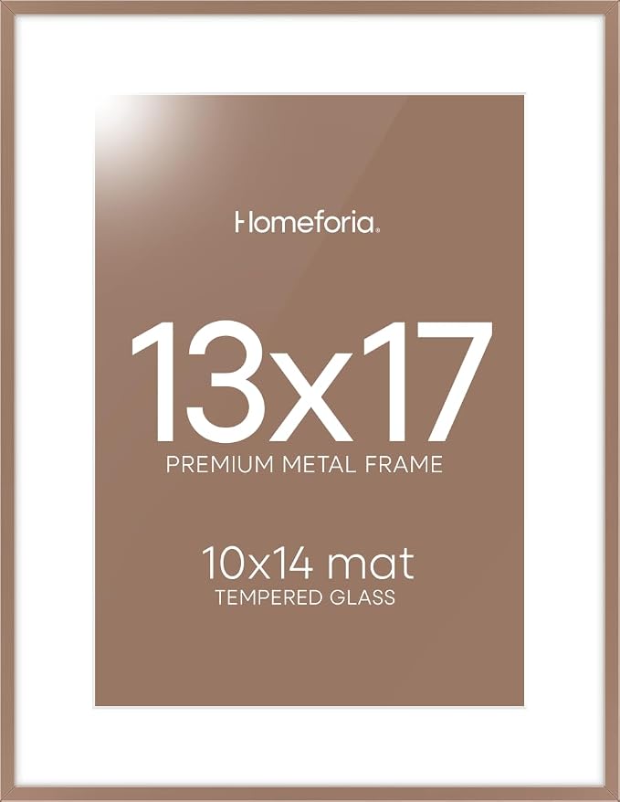 Homeforia 13x17 Picture Frame Mocha, High End Metal 13x17 Poster Frames with Mat 10x14 Photo, 13 x 17 Mocha Frame Matted to 10 by 14 Print, 17by13 Thin Hanging Frames, Tempered Glass, Wall Kit, Set of 1