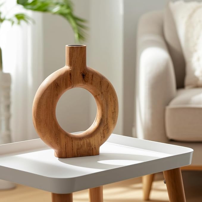 Mango Wood Vase, Modern Donut Vase Design – Accent for Sculptural Display, Decorative Modern Flower Vase – Flower Holder for Stems or Greenery, Living Room or Office Shelf, Home Decor – 14", Brown