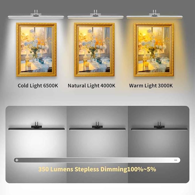 26" Wireless Picture Lights, Rechargeable Battery Art Display Light with Remote Control, Dimmable/Timer Off Dartboard Light, 3 Lighting Modes Full Metal Painting Display Lights (Nickel-1 Pack)