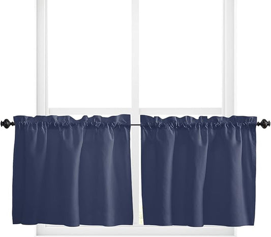 24 Inch Long Tier Curtains for Kitchen, Solid Color Blue Bathroom Window Curtains Rod Pocket Short Curtains Window Treatment Tiers for Living Room Farmhouse 2 Panels