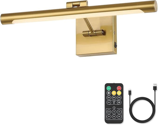 Joosenhouse Battery Operated Picture Lights for Wall Rechargeable Art Lighting for Paintings Wireless Gallery Light with Remote Control 16.54” Dimmable and Timed Off Wall Sconce Brass Color