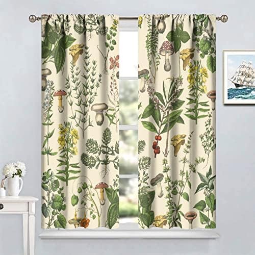 Vintage Botanical Curtains,Antique 1900s Plants Herbs Mushroom Blackout Window Drapes for Kitchen,Boho Retro Wildflower Green Leaf Ferns Farmhouse Window Treatment for Living Room 72x63in