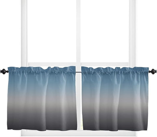 36 Inch Long Tier Curtains for Kitchen, Blue Gray Gradient Bathroom Window Curtains Rod Pocket Short Curtains Window Treatment Tiers for Living Room Farmhouse 2 Panels