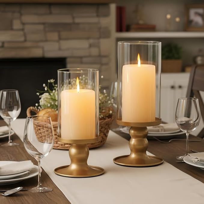 NITIME 2Pcs Hurricane Candle Holder for Pillar Candles, Gold Candle Holders with Clear Glass Sleeve for Table Centerpieces,Pillar Candle Holders for Home Decor, Wedding, Holiday and Party Decor