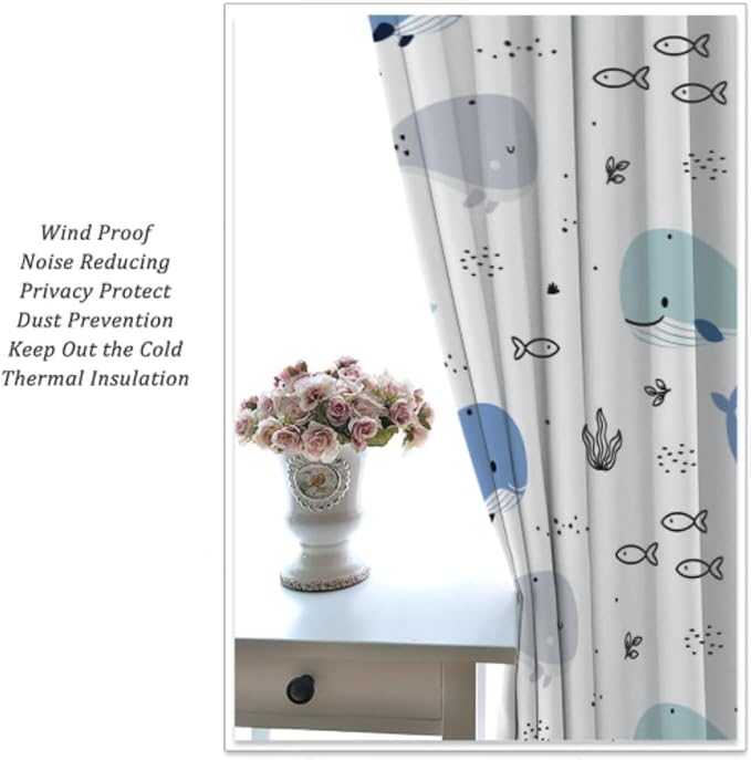 YCness Cartoon Whale Curtains Cute Ocean Animal Blue Gray Abstract Fish Art Printed Blackout Window Drapes for Boys Girls Bedroom Nursery Decor Fabric Set 2 Panel 42x63 Inch 80% Shading Rate