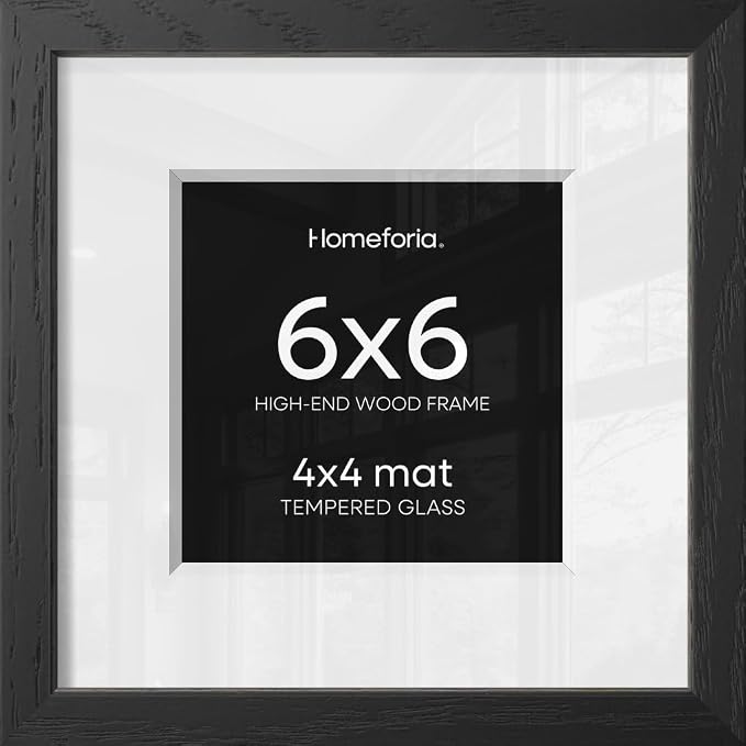 Homeforia 6x6 Picture Frame Black Wood, High-End Oak 6 x 6 Square Frames with Mat 4 by 4 inch Photo, 6x6 Wooden Frame Matted to 4x4 Art, 6by6 Wall or Tabletop Frame, Tempered Glass, Wall Kit, Set of 1