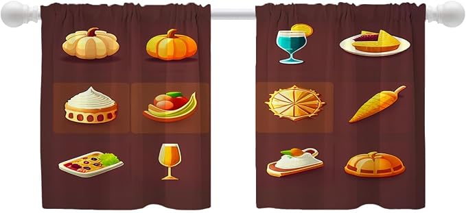 Shrahala Happy Thanksgiving Day Blackout Curtain Tiers, Pumpkin Turkey Bird Leaves Kitchen Valance Light Blocking Tier Drapes with Rod Pocket, 2 Pack 26 X 24 in