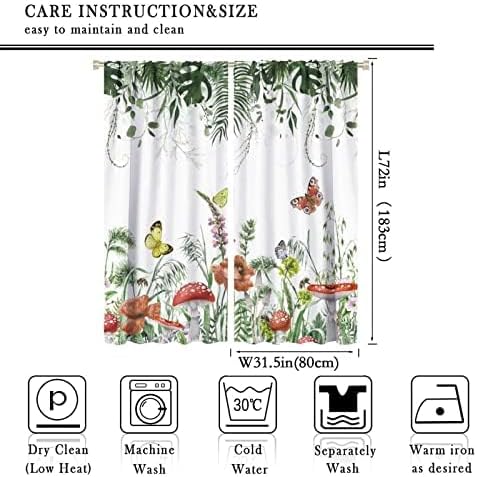 Red Mushroom Curtains,Boho Green Plant Butterfly Bee Wildflower Window Drapes,Summer Eucalyptus Leaf Tropical Vintage Window Treatment for Living Room Bedroom Cafe Kitchen 63x72in
