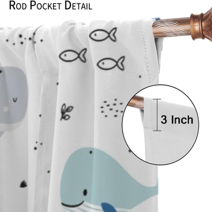 YCness Cartoon Whale Curtains Cute Ocean Animal Blue Gray Abstract Fish Art Printed Blackout Window Drapes for Boys Girls Bedroom Nursery Decor Fabric Set 2 Panel 42x45 Inch 80% Shading Rate