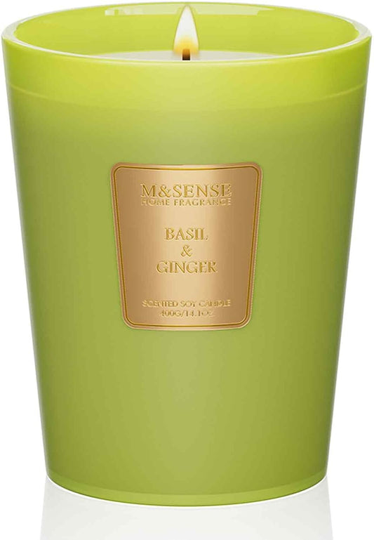 M&SENSE Basil Ginger Scented Natural Soy Wax Candle, 14.1oz 60 Hours Long Lasting Slow Burning Candles for Home Decor, Aromatherapy Candle for Stress Relief