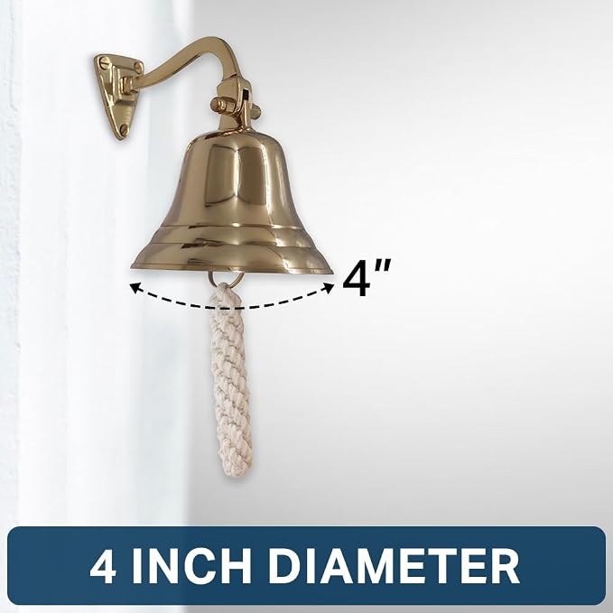 4" Solid Brass Bell Quality Marine Wall Mounted Ship Hanging Bell Perfect for Dinner, Indoor, Outdoor, School, Bar, Reception, Last Order & Church by The Metal Magician