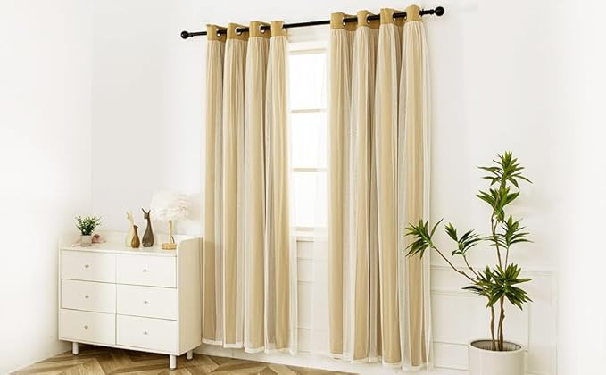 INLINAS Gold Blackout Curtains with Sheer Overlay - Grommet Top Thermal and Noise Reduction Panels for Bedroom and Living Room Light Blocking and Energy Saving, 52 x 63 Inches, Set of 2