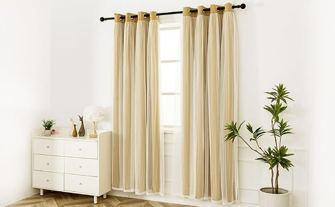 INLINAS Gold Blackout Curtains with Sheer Overlay - Grommet Top Thermal and Noise Reduction Panels for Bedroom and Living Room Light Blocking and Energy Saving, 52 x 72 Inches, Set of 2