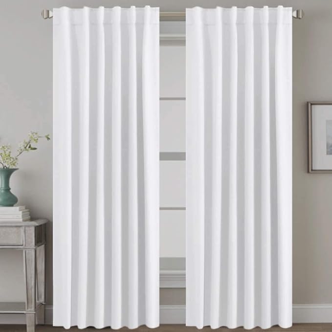 H.VERSAILTEX Back Tab White Curtains 90 Inch Long for Living Room, Rod Pocket Room Darkening Thermal Insulated Light Blocking Drapes, 52 x 90 Inch, 2 Panels