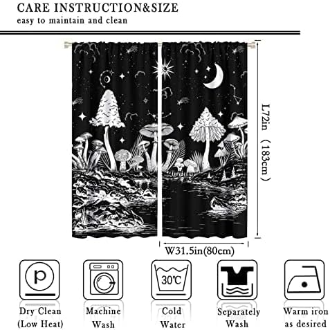 Black White Mushroom Curtains,Mountain with Pine Trees and Lake Landscape Window Drapes,Boho Galaxy Star Print Blackout Window Treatment for Bedroom Living Room College Dorm 63x72in