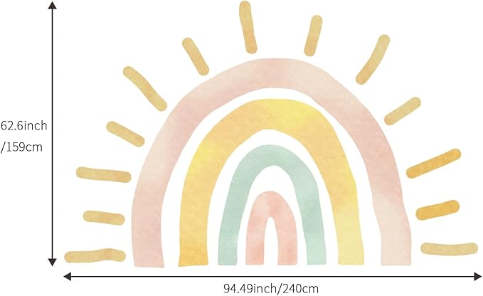 Large Fabric Watercolor Boho Half Sun Wall Decals Peel and Stick, Rainbow Wall Murals Stickers, Pastel Sunrise Wall Art Decor for Kids Room Playroom Nursery Bedroom, 94.49" x 62.60"