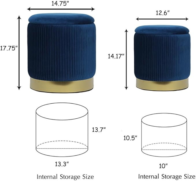 Blue Round Ottoman with Storage Set of 2 Upholstered Velvet Vanity Stool for Living Room Small Ottoman Coffee Table with Removable Lid Foot Stool for Living Room, Bedroom, Hallway, Assembly Free