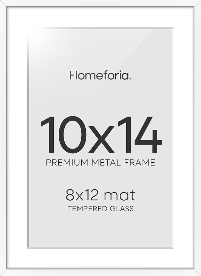 Homeforia 10x14 Picture Frame White, High End Metal 10x14 Poster Frames with Mat for 8x12, 10 x 14 White Frame Matted to 8 x 12 inch Photo, 10by14 Thin Hanging Frames, Tempered Glass, Wall Kit, Set of 2