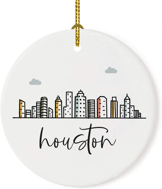 Andaz Press Round Ceramic Porcelain Christmas Tree Ornament Keepsake, Houston Colorful City Skyline Graphic, 1-Pack, Birthday Gift Ideas Family Coworker Him Her, Includes Gift Box