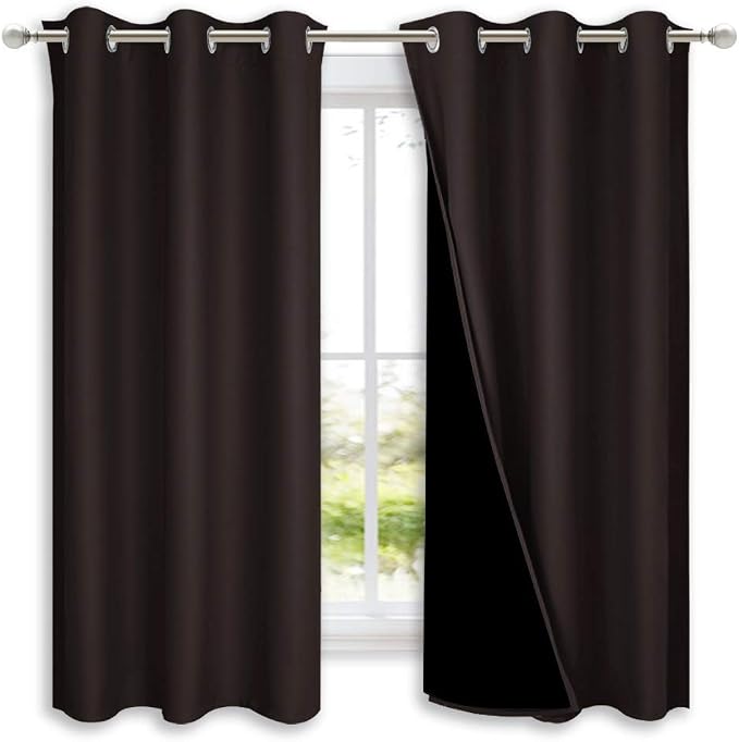 NICETOWN 100% Blackout Short Curtains with Black Liners, 2 Panels, 37" W by 60" L, Toffee Brown, Solid Thermal Insulated Full Blackout 2-Layer Lined Drapes, Energy Efficiency Window Drapes for Bedroom