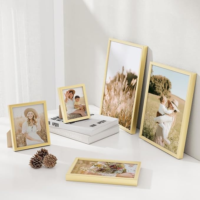 FLYJOE 5x8 Metal Picture Frame - Gold Aluminum Photo Frames-Real Real Glass,Tabletop Display,Mounting Horizontally or Vertically Decor for Wall Gallery Poster Photo 5x8 Frames, Gold